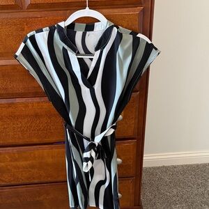 Striped Belted Tunic Dress in Black, White & Sage